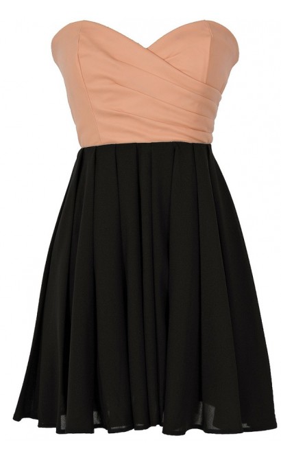 Leatherette and Chiffon Strapless Dress in Peach/Black